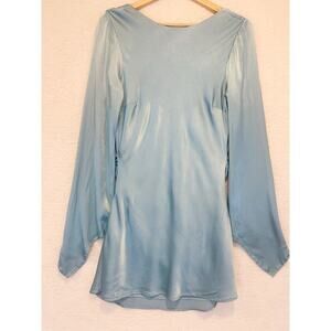 Meshki Davina Dress Womens XL Satin Long Bell Sleeve Mini Powder Blue Backless